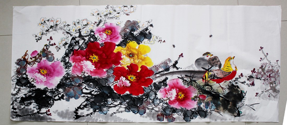 rg0180-sh5713-横幅手绘写意花鸟小六尺牡丹国画手绘花鸟小六尺牡丹