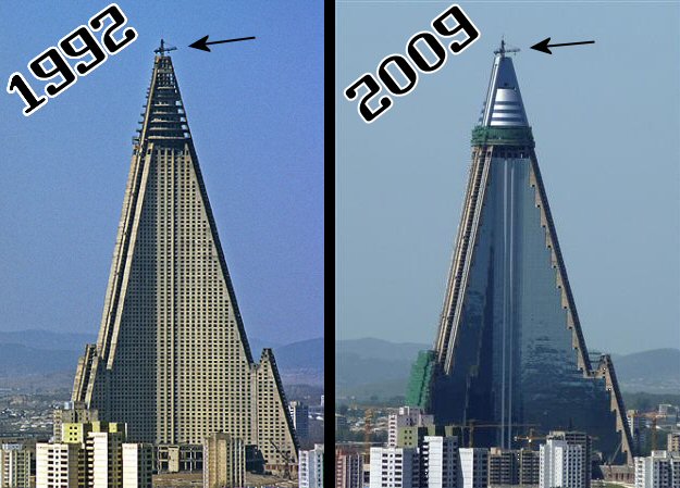 1992年和2009年的柳京饭店对比图