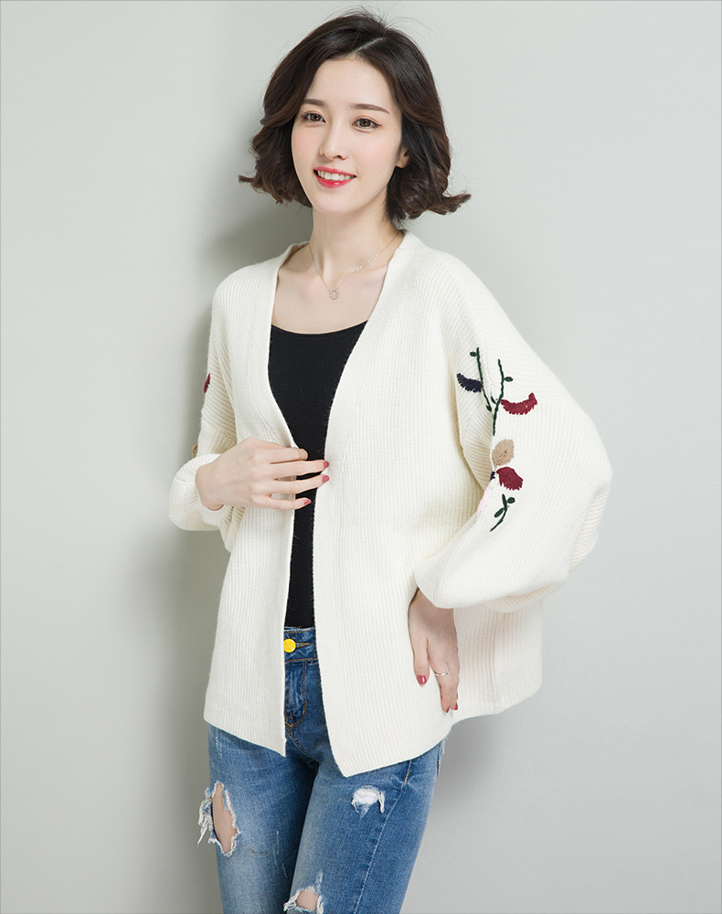 2018春装新款日式针织衫女装绣花宽松针织开衫灯笼袖外套