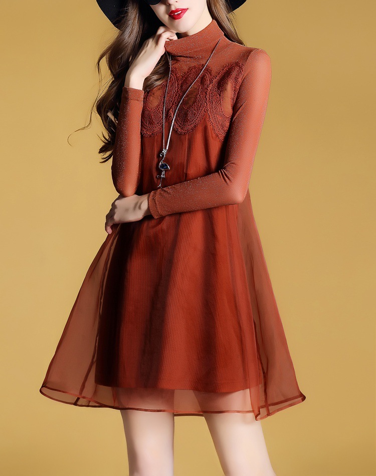 2018新款女春装欧根纱拼接纱网蕾丝a字裙淑女连衣裙