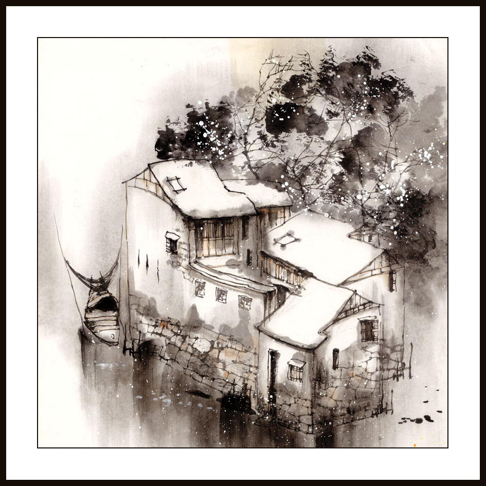 rg0007-286-国画写意水乡斗方40*40水乡斗方国画