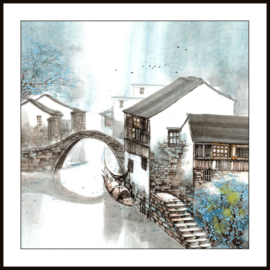 rg0007-1947-国画写意水乡斗方40*40水乡斗方国画