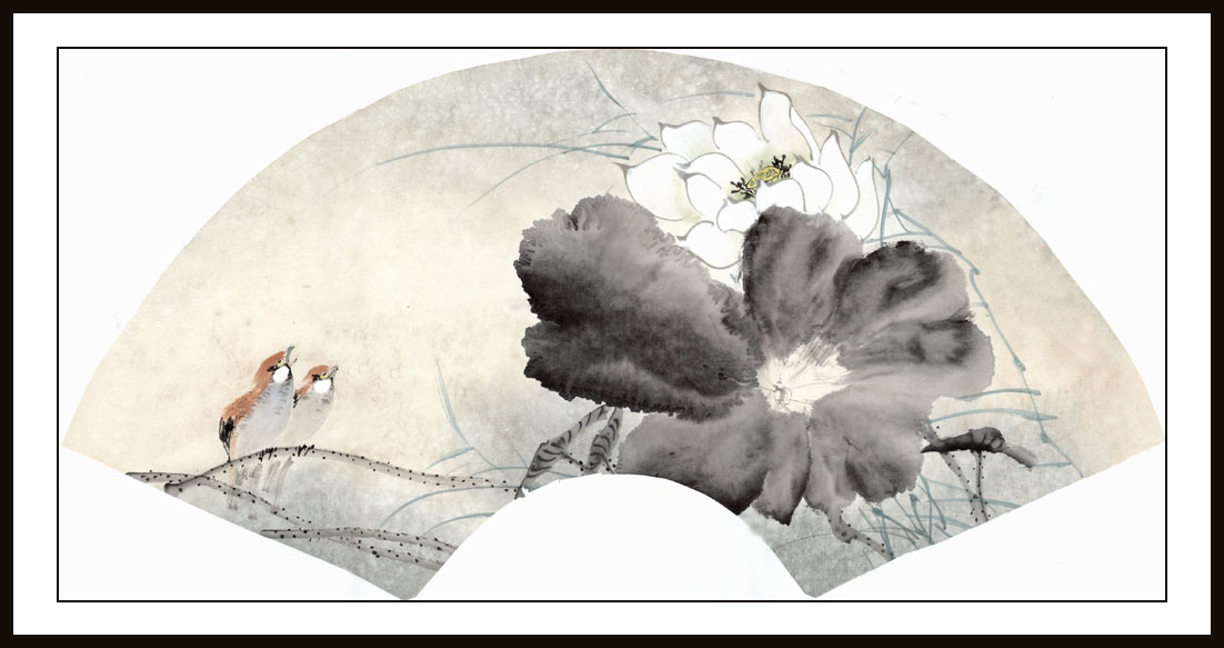 rg0010-219-横幅国画写意花鸟扇形花鸟横花鸟画高仿横幅