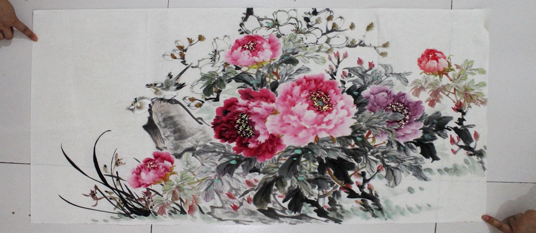 rg0150-sh5570-横幅手绘写意花鸟三尺牡丹国画手绘花鸟三尺牡丹写意