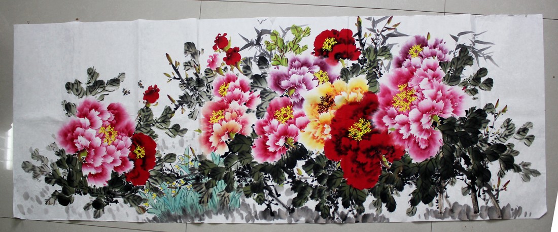 rg0120-sh5702-横幅手绘写意花鸟小六尺牡丹国画手绘花鸟小六尺牡丹