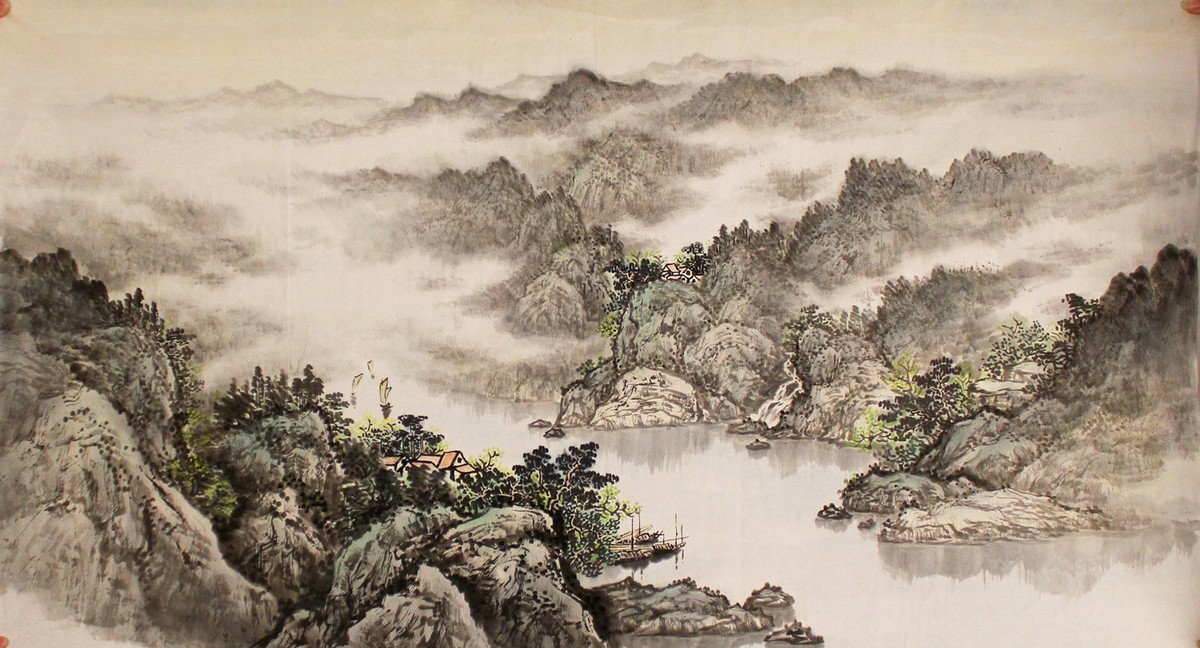 rg0260sh6018横幅四尺手绘写意山水国画手绘写意四尺横山水手绘写意