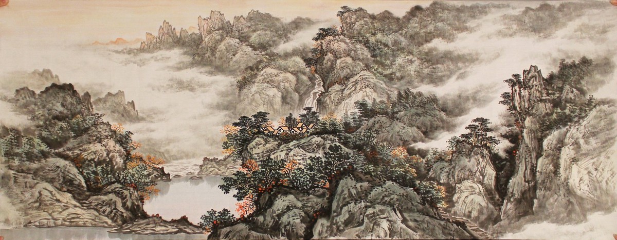 rg0350sh6015横幅小六尺手绘写意山水国画手绘写意小六尺横山水手绘